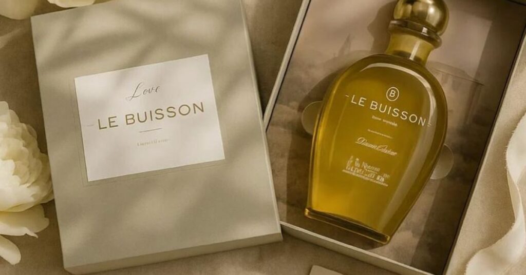 Le Buisson organic olive oil bottle – elegant glass design with aromatic essence, evoking the rich scents of Provençal herbs and fresh olives.